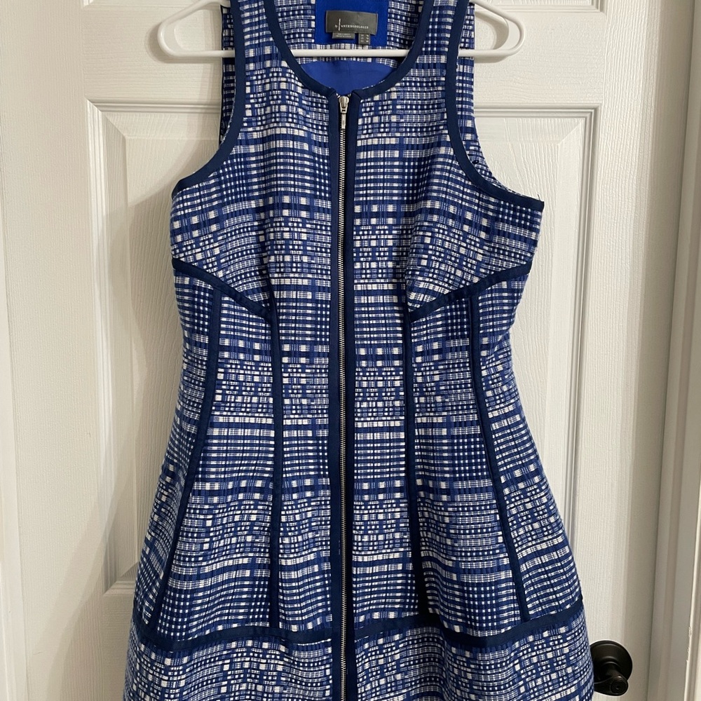 Anthropologie Blue and White Sculpted sleeveless Patterned Mini Dress